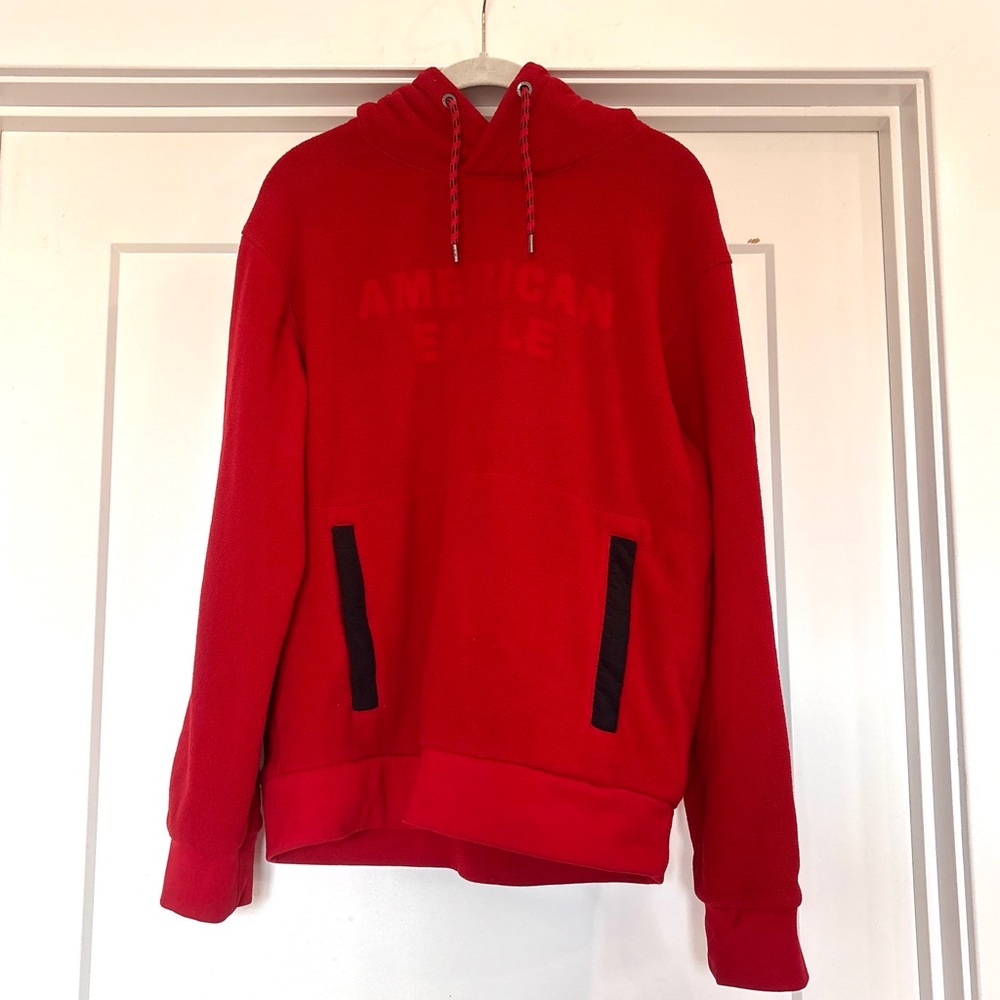 American Eagle Red/ Black Accents Logo Fleece Hoodie Hooded Sweatshirt Sz M
